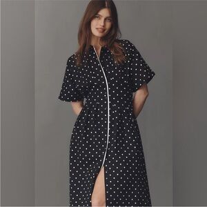Anthropologie Black Polka Dot Midi Dress with White Trim